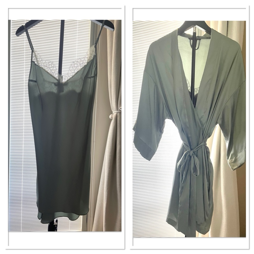 VICTORIAS SECRET | jade green Kimono Robe & Lace slip